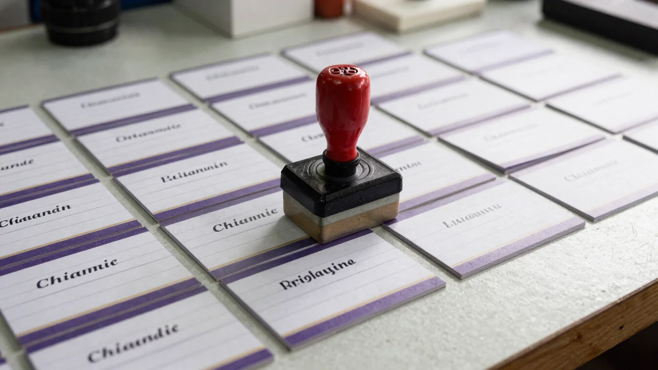 close-up documentary photograph of printed name cards and a rubbe