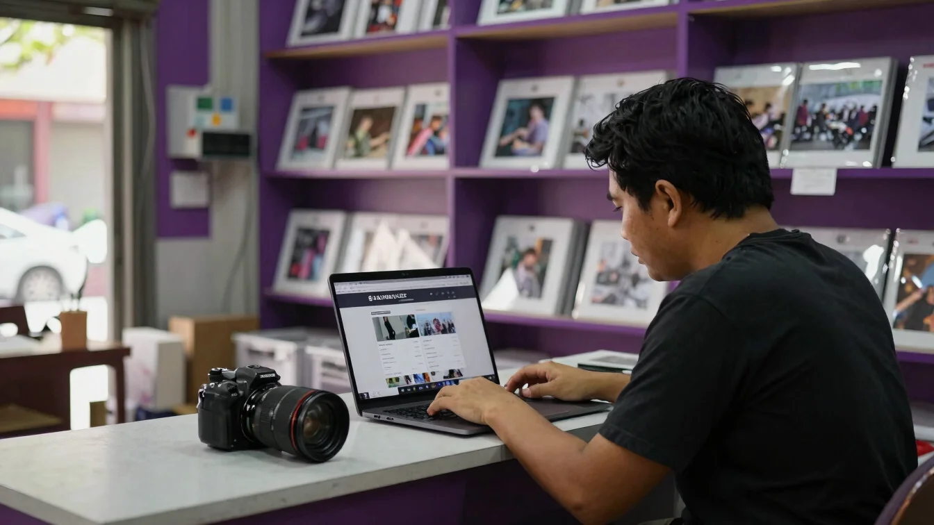 documentary photograph of a shop owner reviewing a website layout