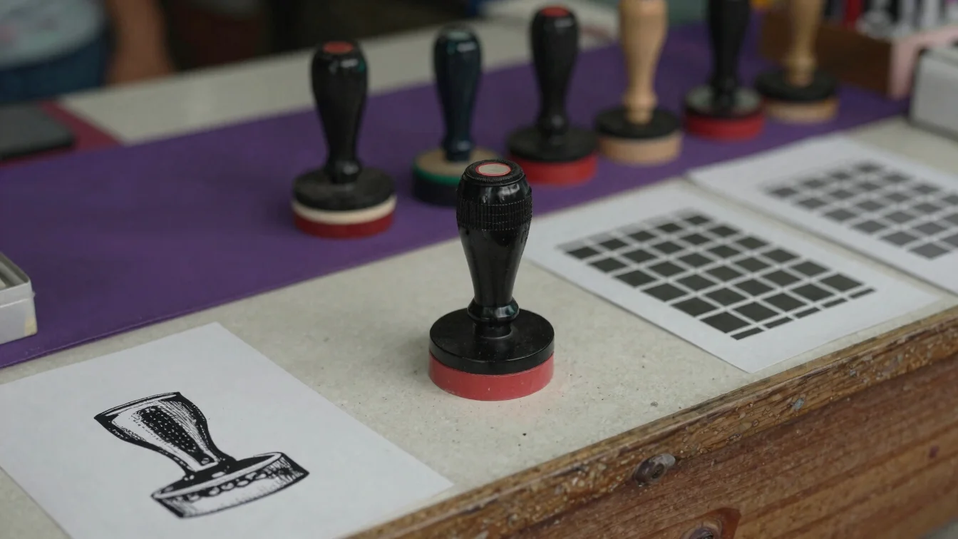 documentary photograph of rubber stamps and printed samples on a
